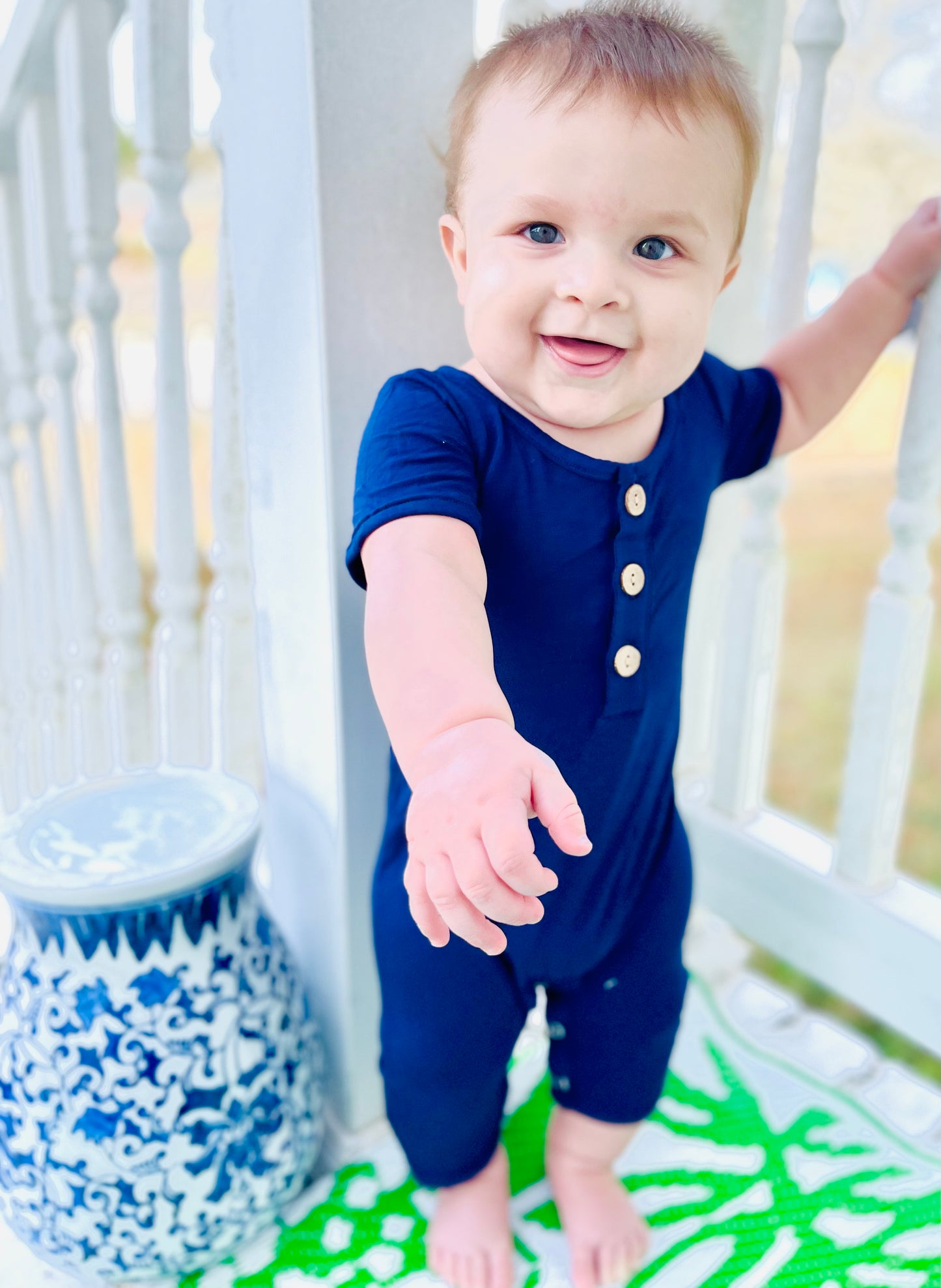 Oxford blue bamboo romper