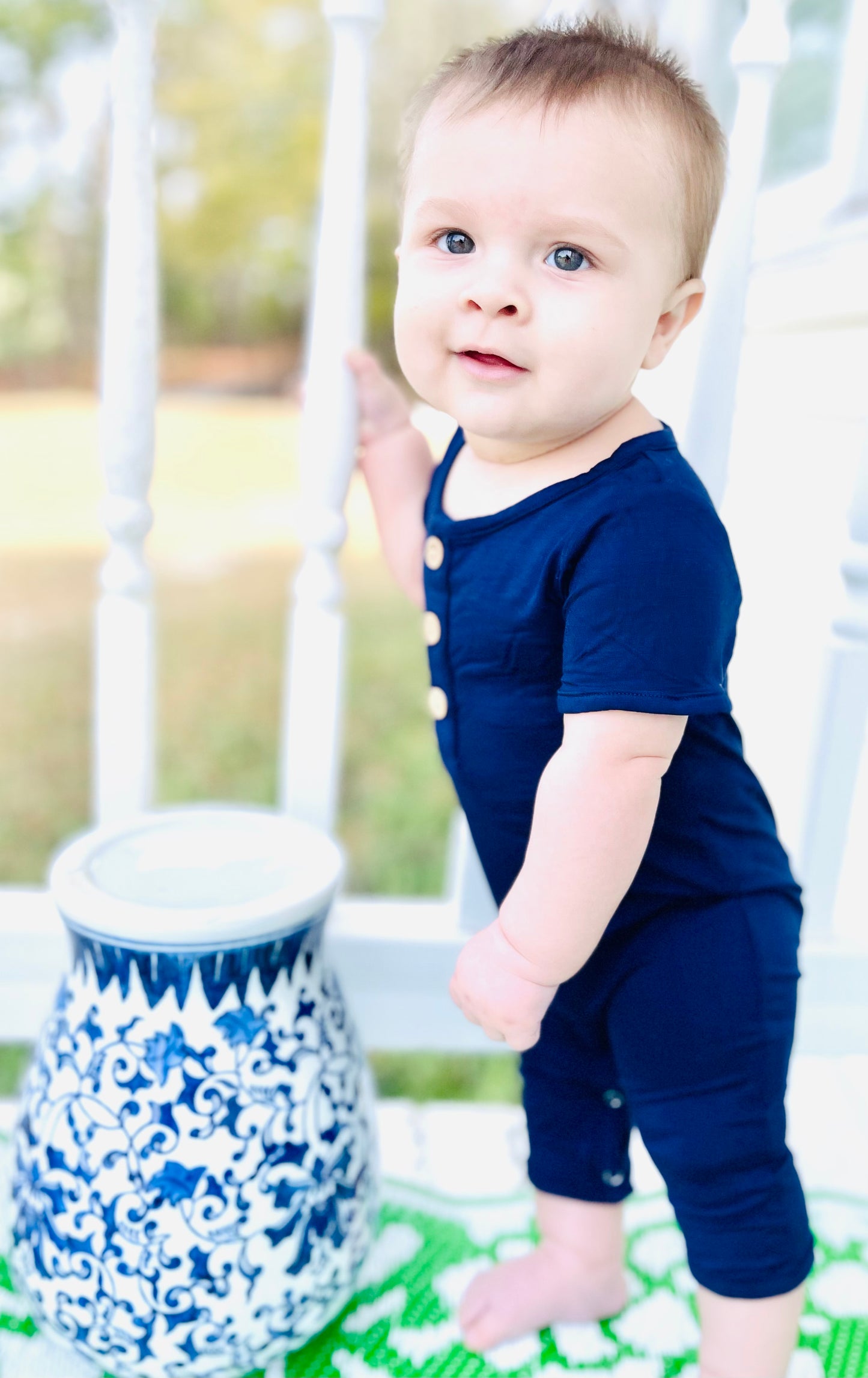 Oxford blue bamboo romper